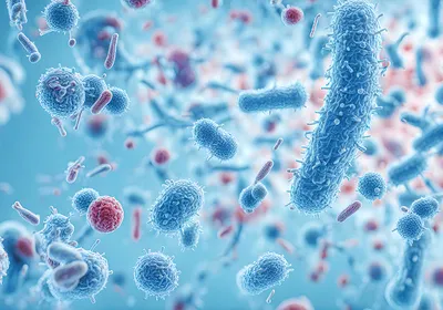 Graphic depicting the microbiota consisting of various blue and red bacterial cells
